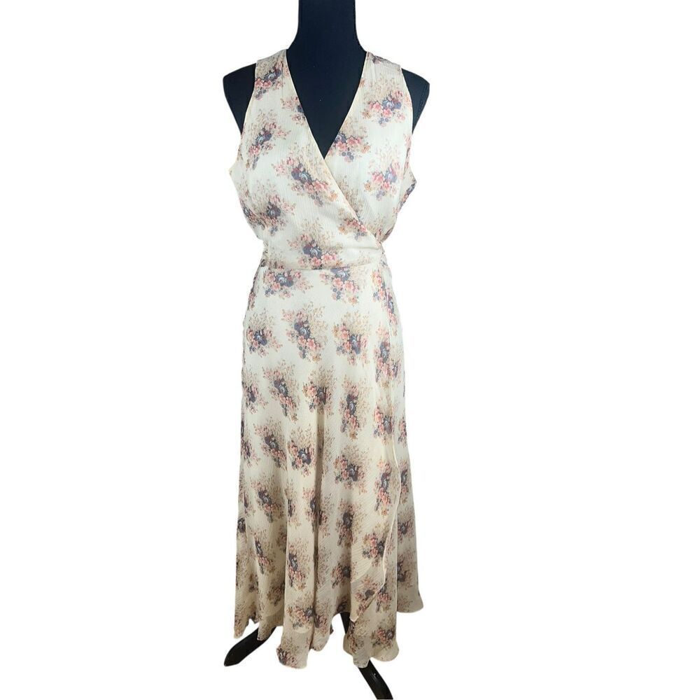 Ralph Lauren 8 100% silk soft muted pastel dainty floral  sleeveless wrap dress